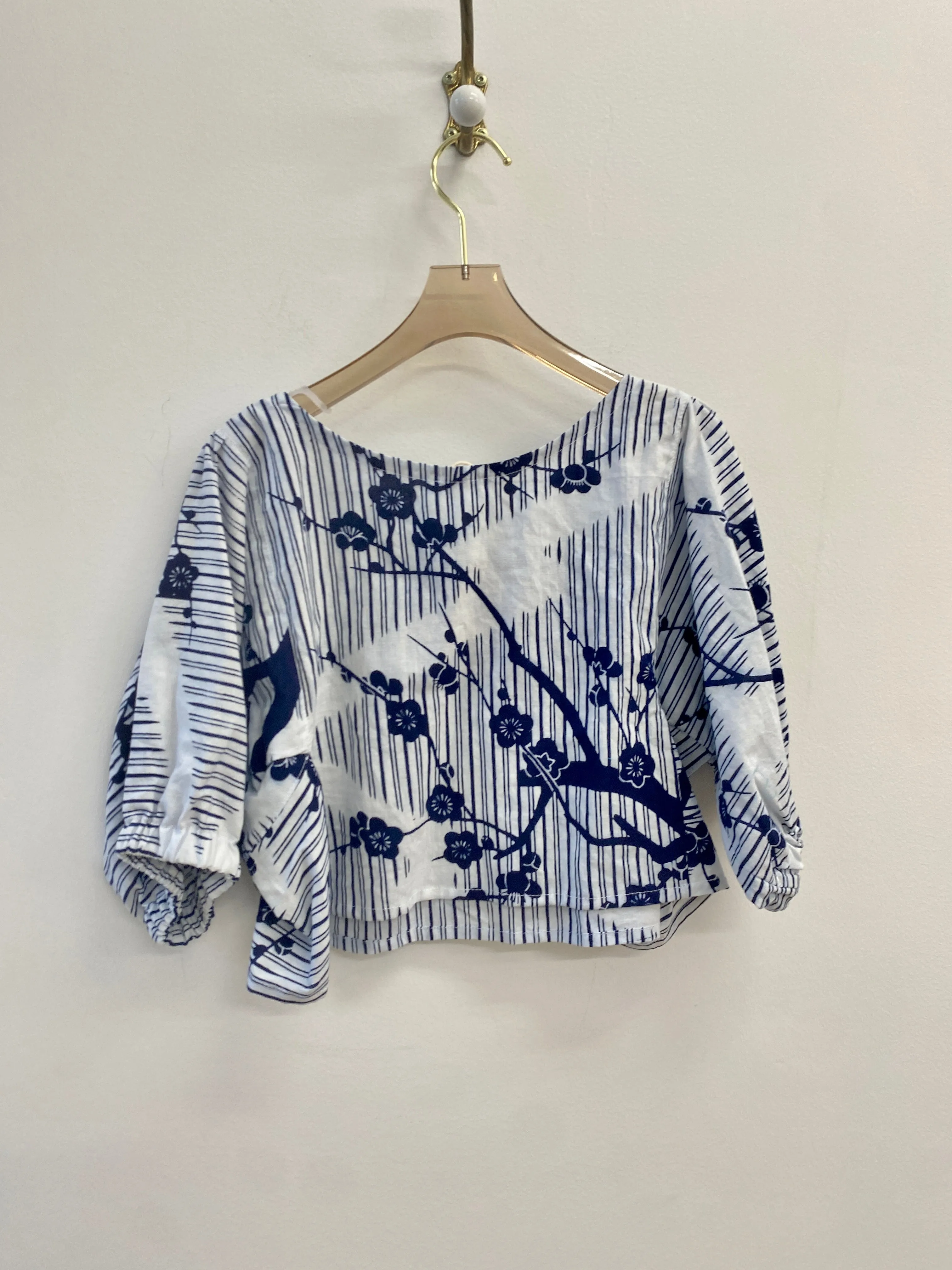 Blue & White Cherry Blossom Yukata Zero Waste Crop Top