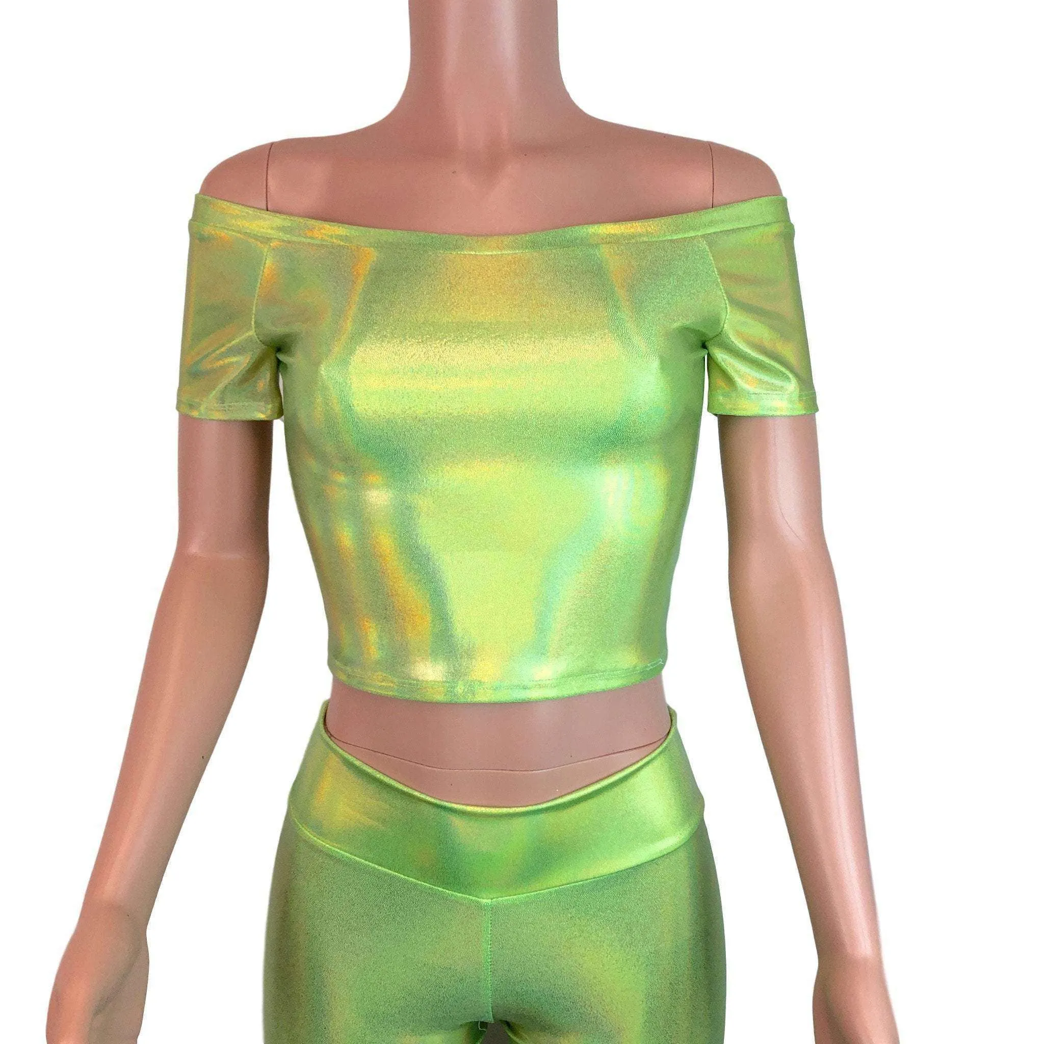 Cold Shoulder Top - Lime Green Holographic