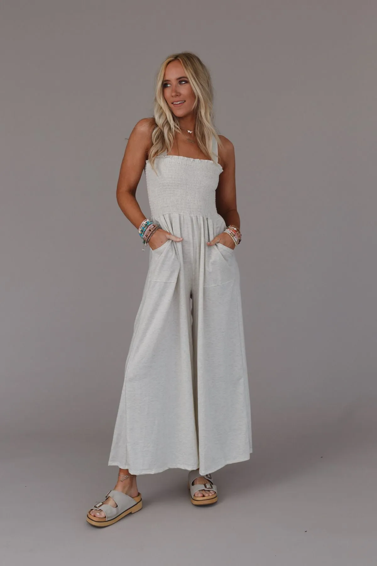 Oatmeal Smocked Felicity Jumpsuit - Comfy and Stylish