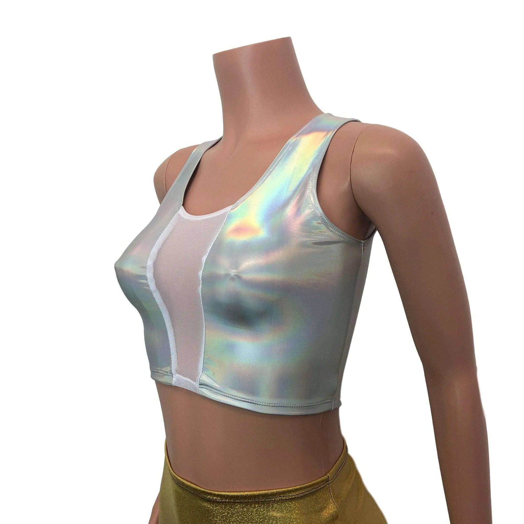Mesh Inset Crop Tank Top - Opal Holographic