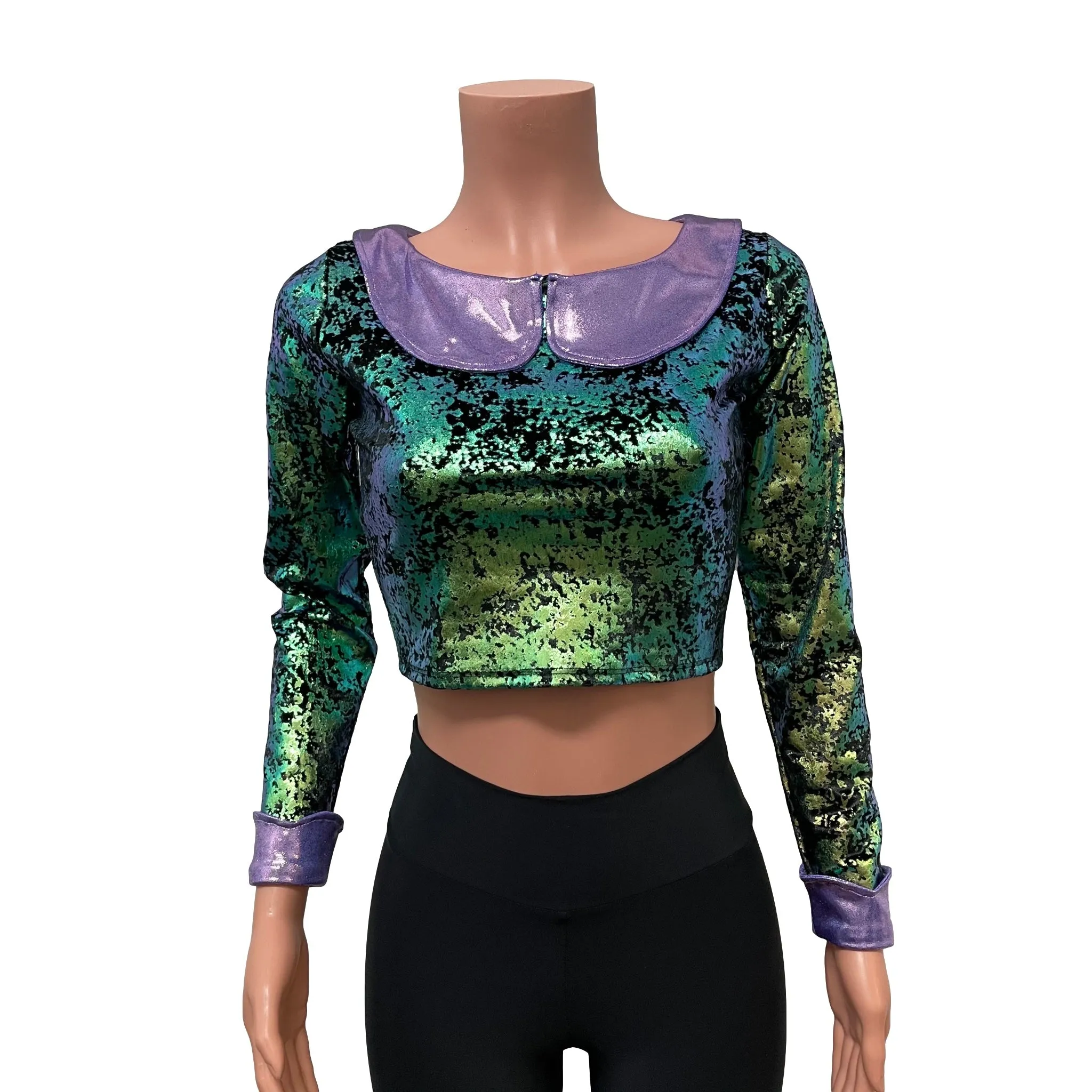 Metallic Velvet Petal Collared Crop Top