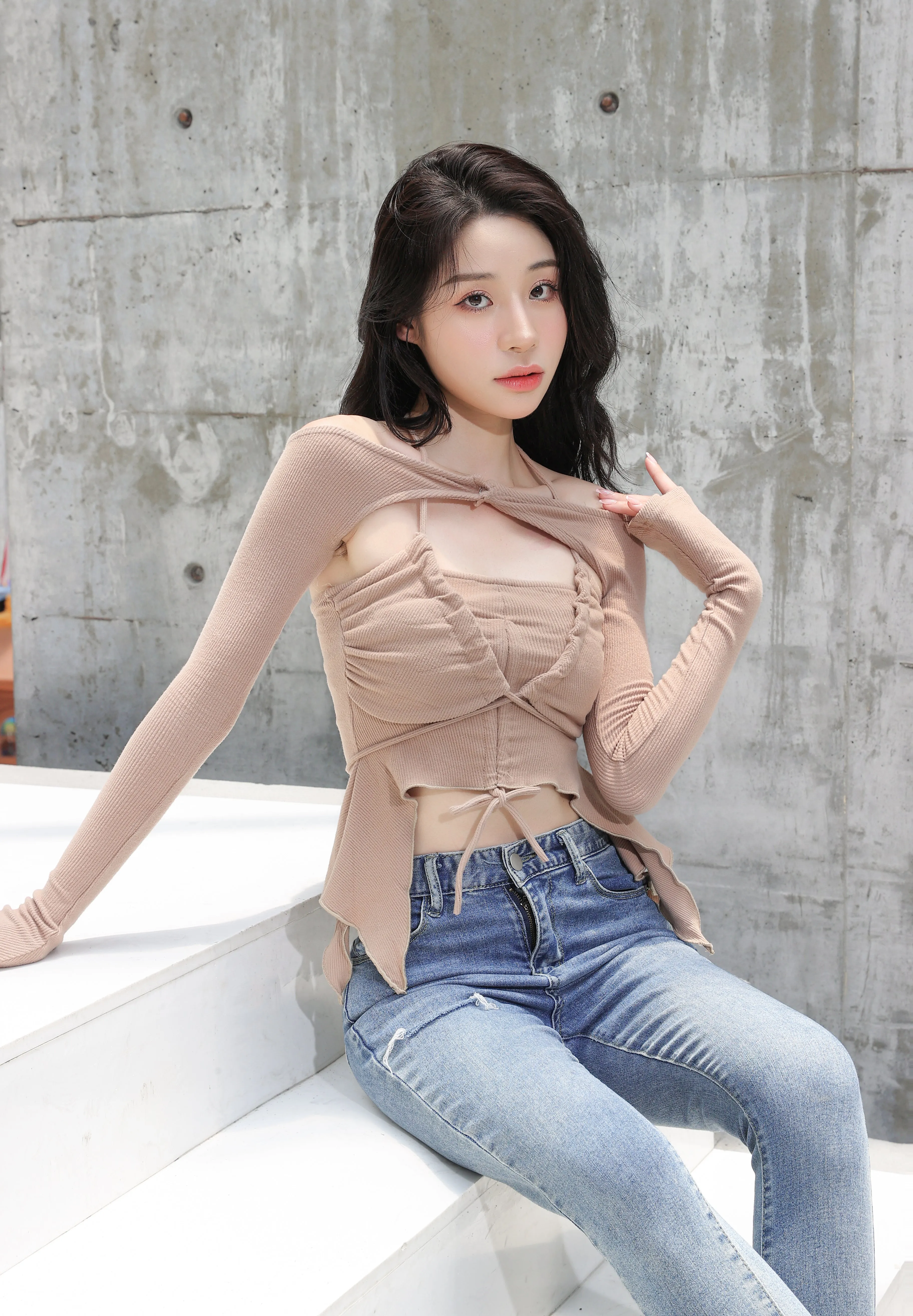 Off Shoulder Shrug Warmer and Ruched Halter Layered Crop Top