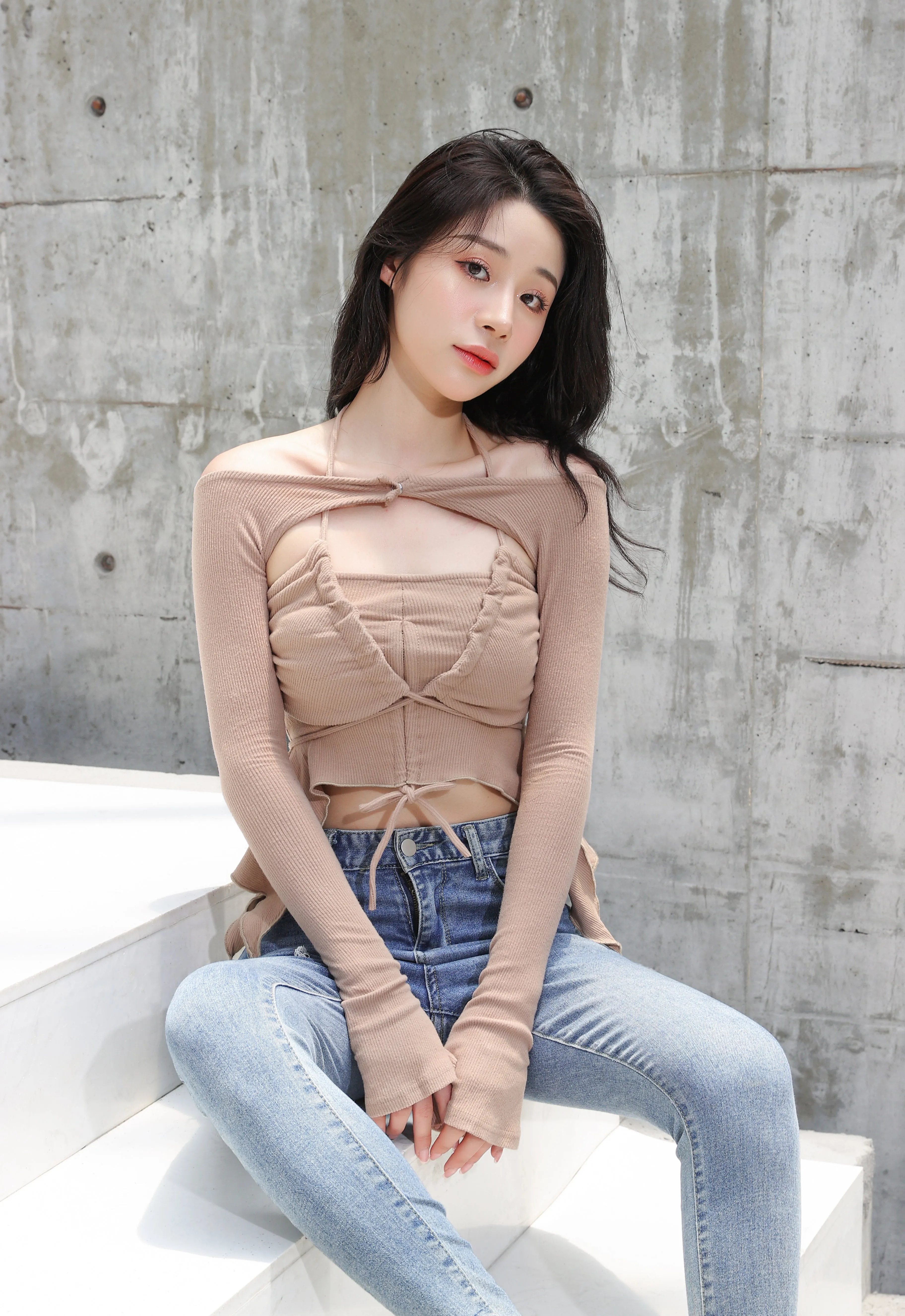Off Shoulder Shrug Warmer and Ruched Halter Layered Crop Top
