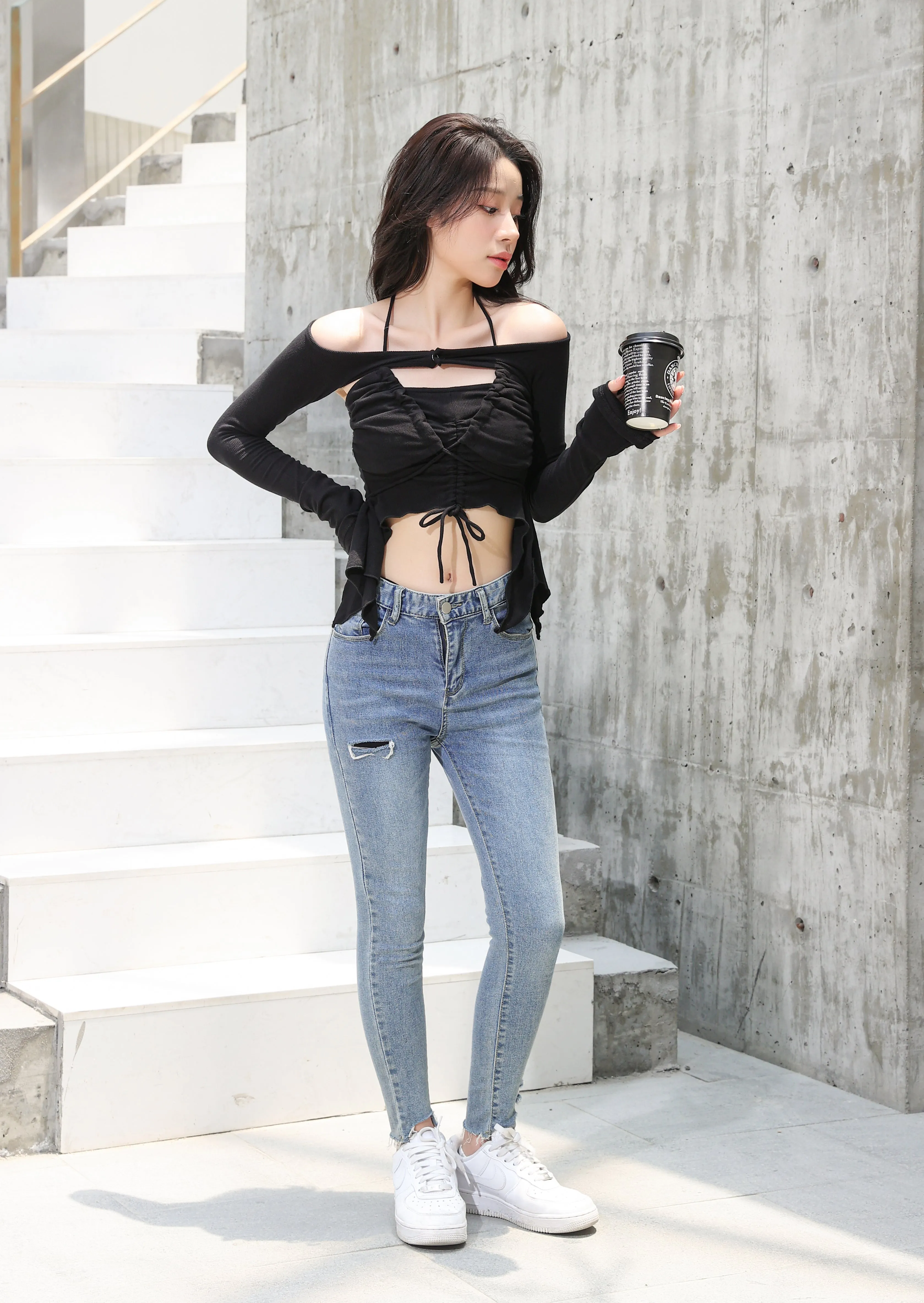 Off Shoulder Shrug Warmer and Ruched Halter Layered Crop Top