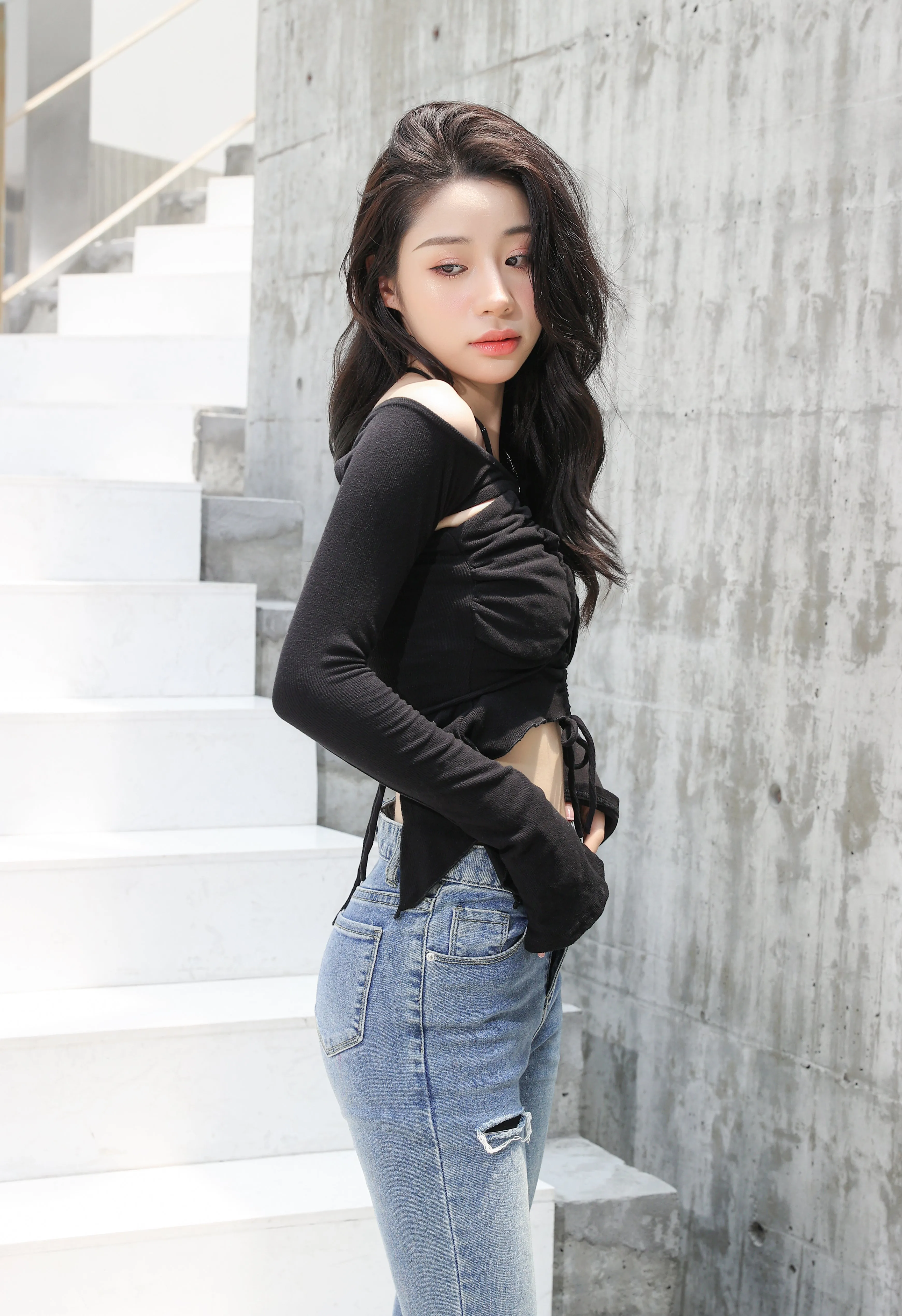 Off Shoulder Shrug Warmer and Ruched Halter Layered Crop Top