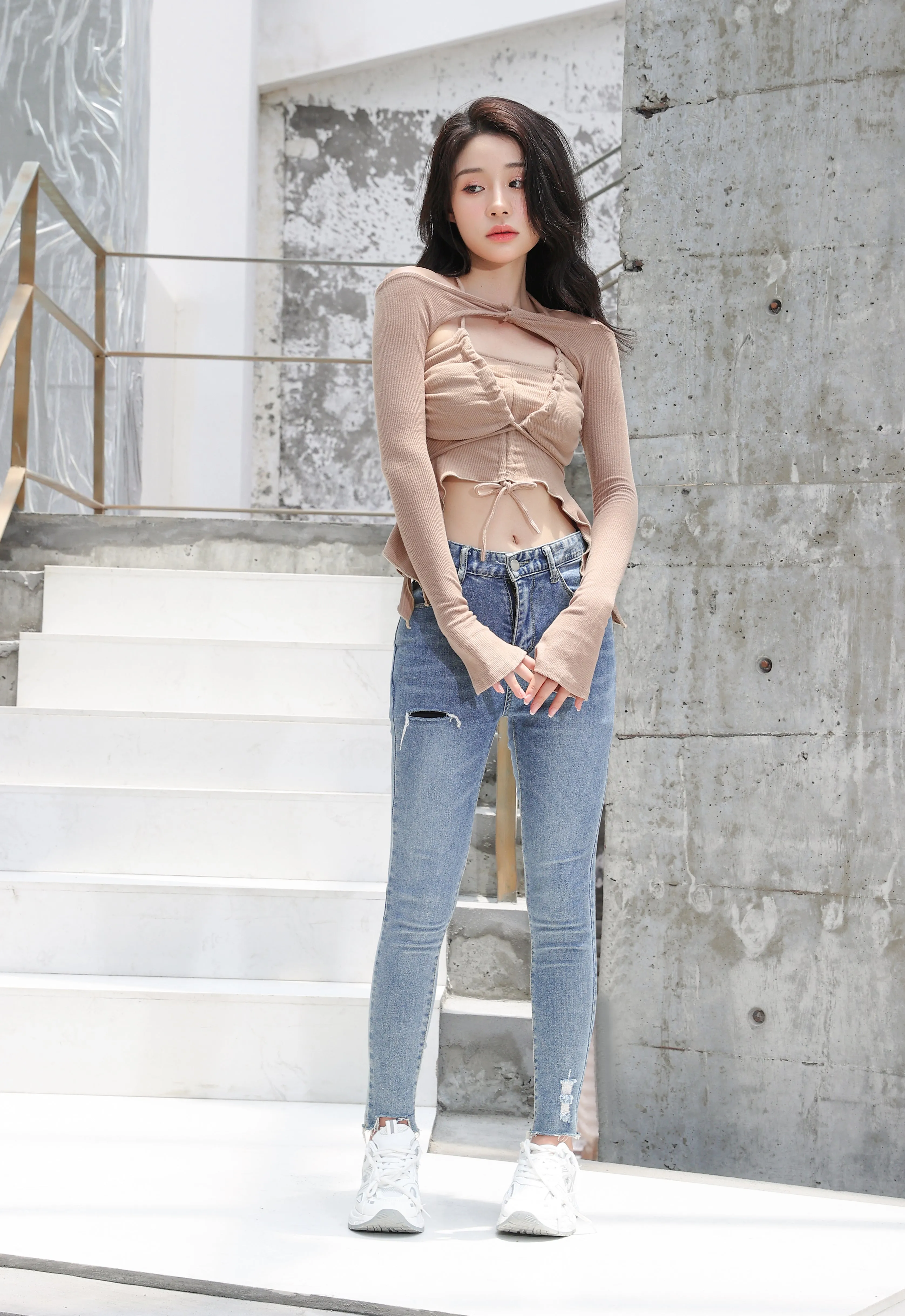 Off Shoulder Shrug Warmer and Ruched Halter Layered Crop Top
