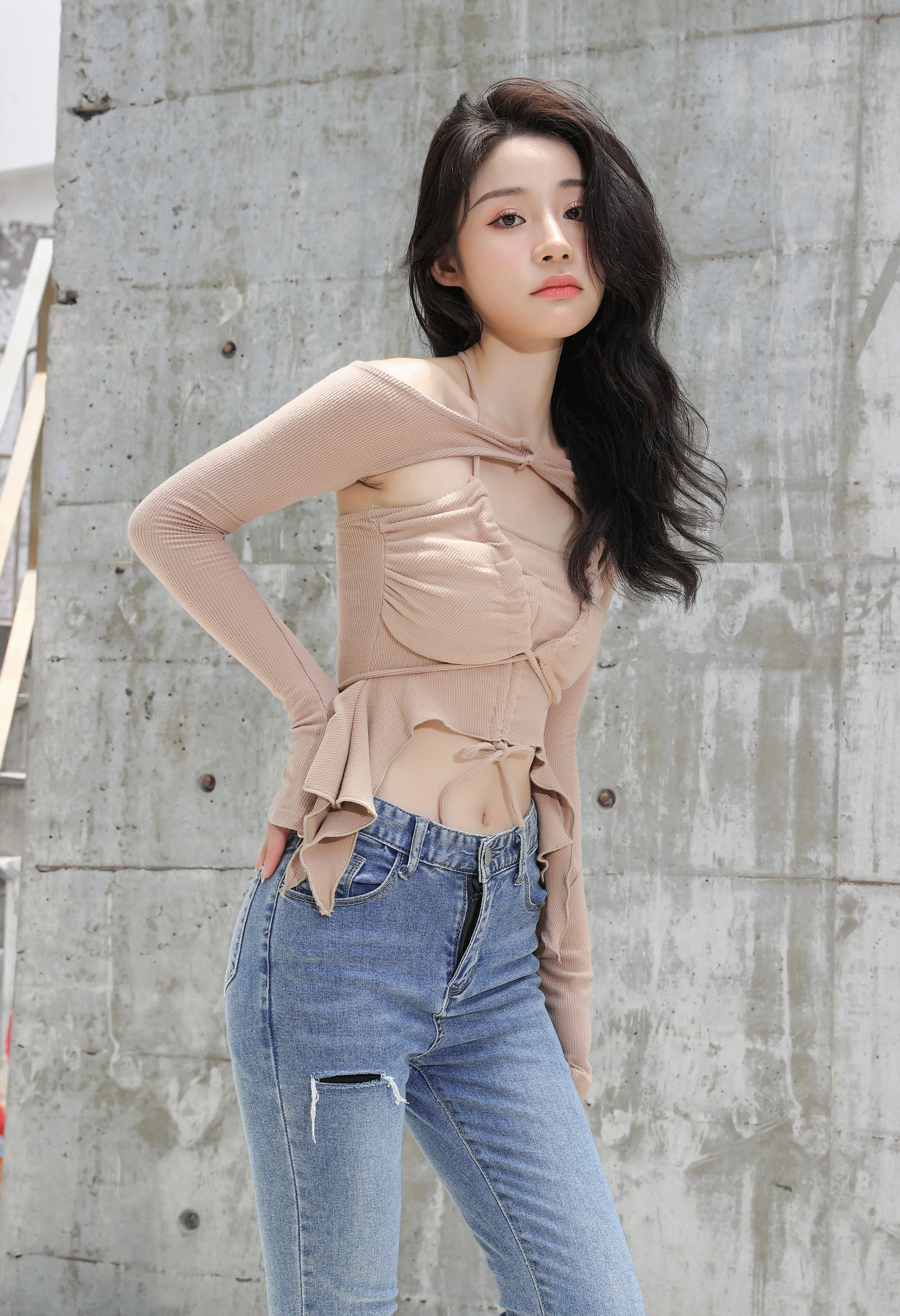 Off Shoulder Shrug Warmer and Ruched Halter Layered Crop Top