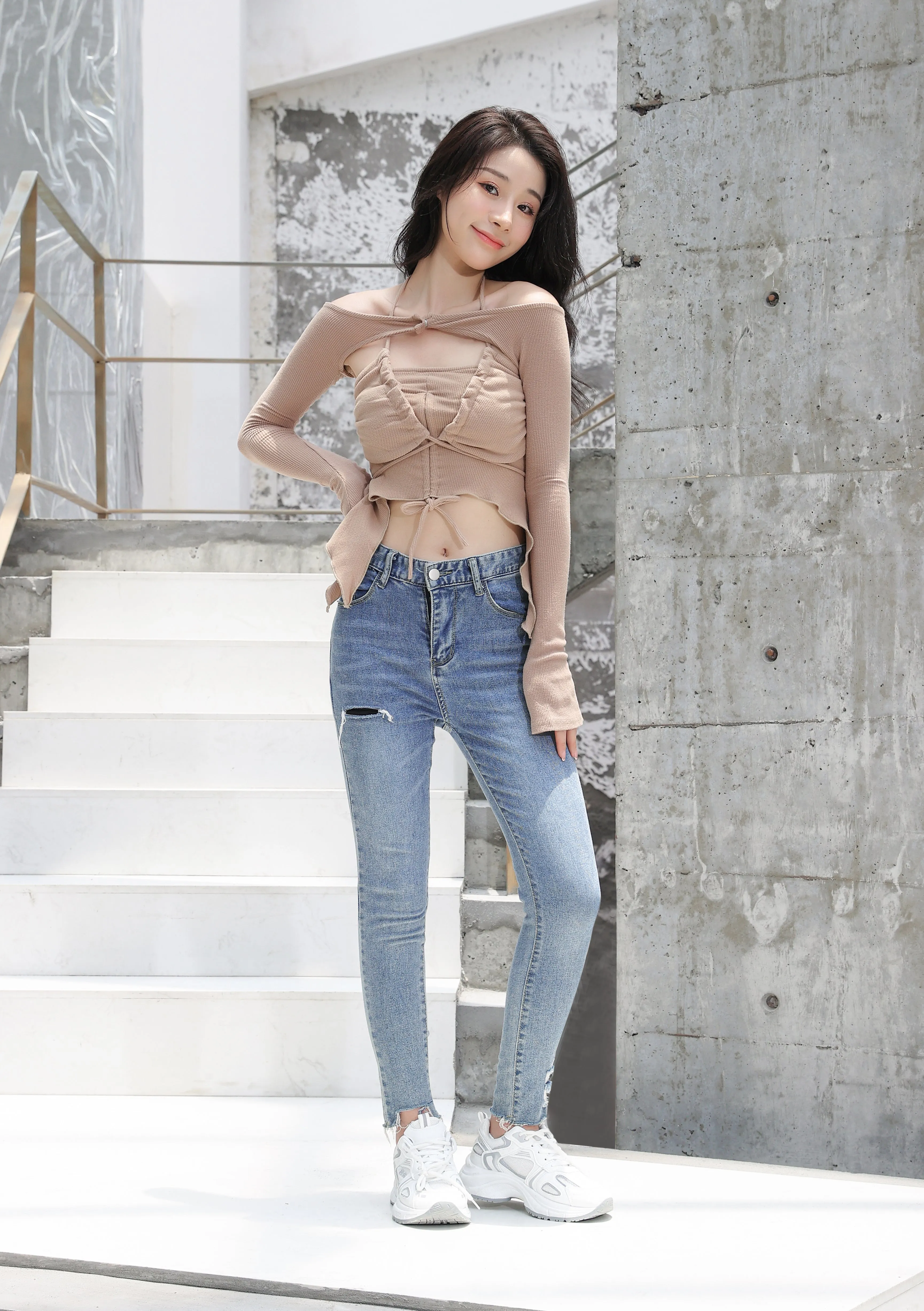 Off Shoulder Shrug Warmer and Ruched Halter Layered Crop Top