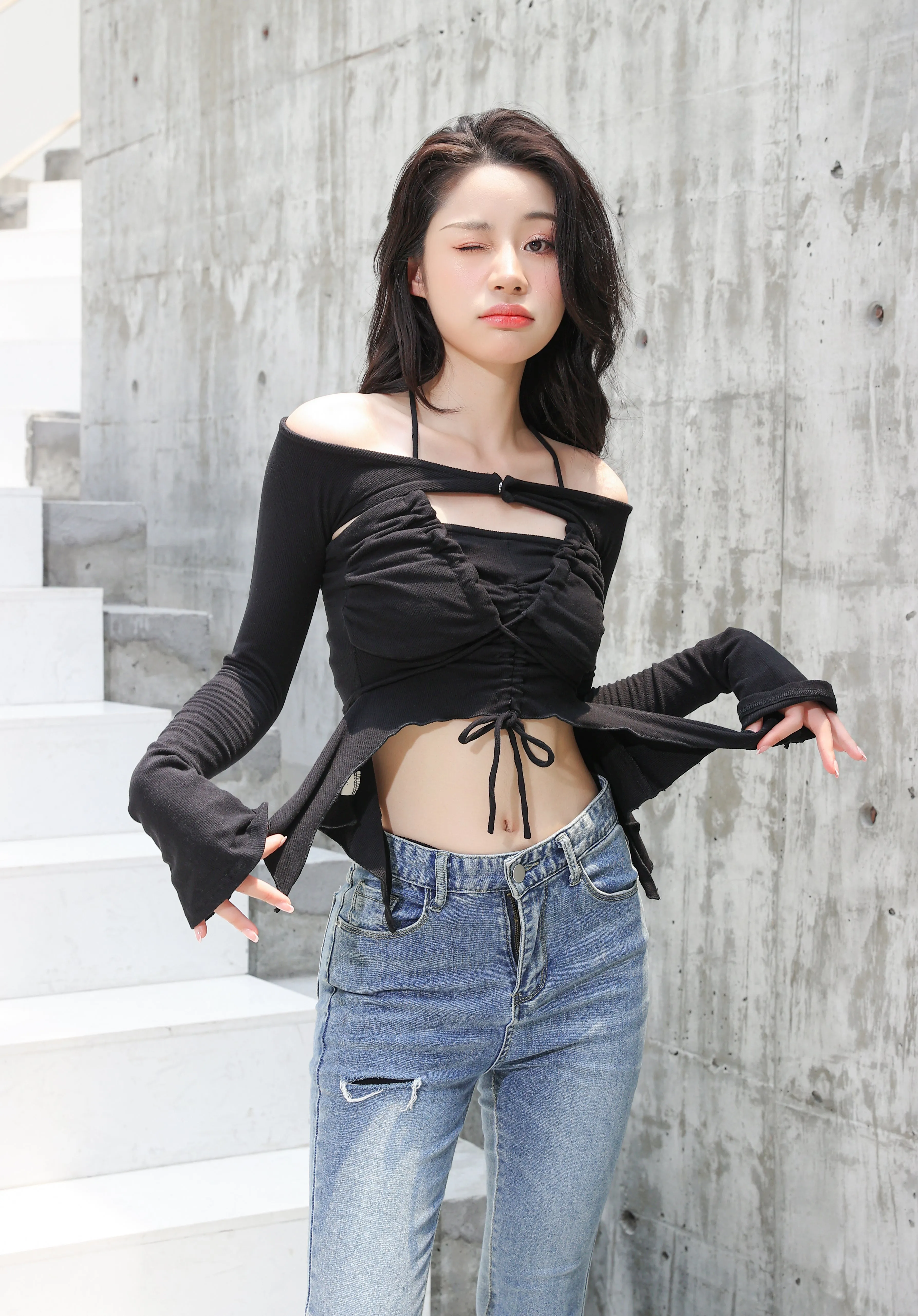 Off Shoulder Shrug Warmer and Ruched Halter Layered Crop Top