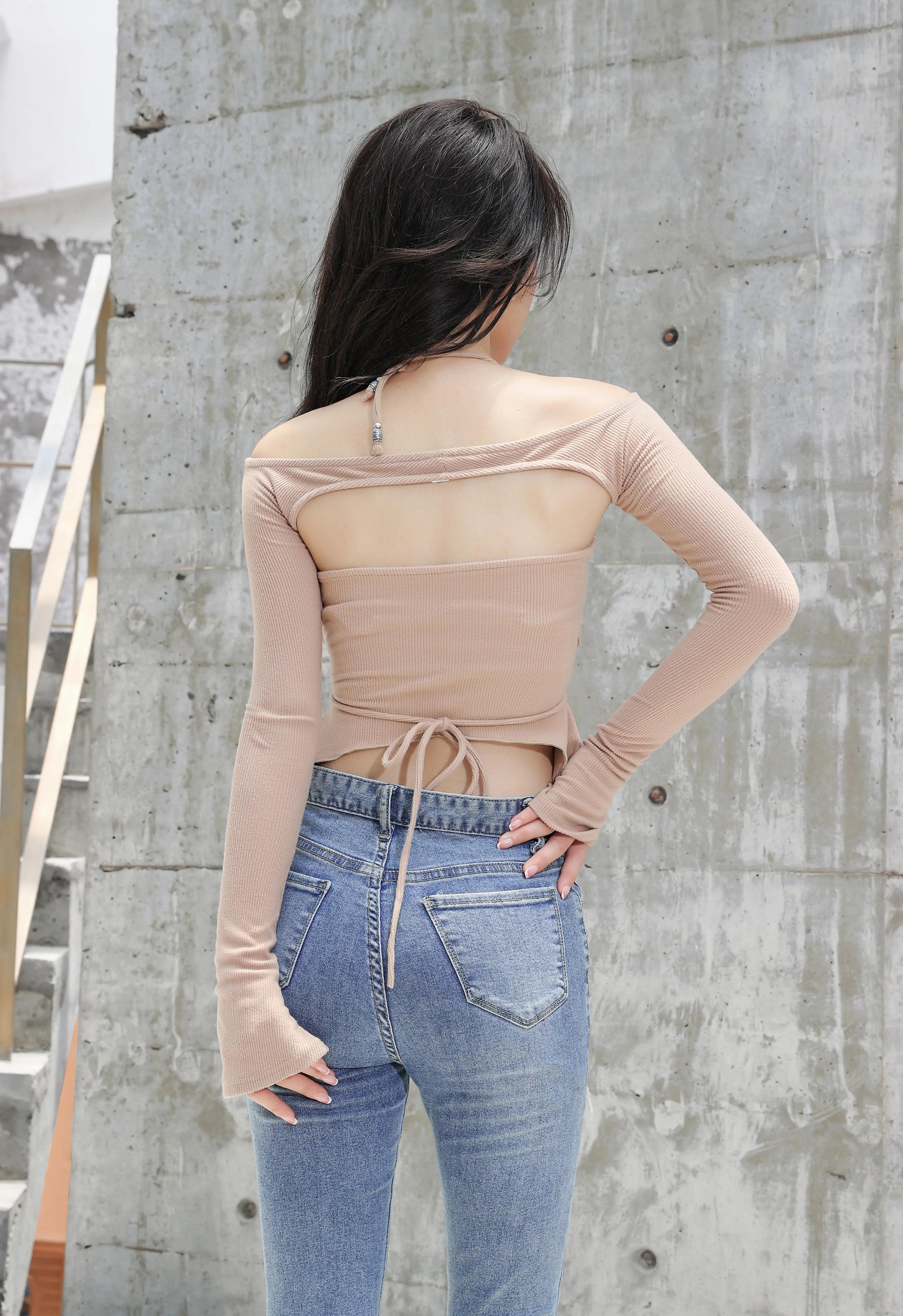 Off Shoulder Shrug Warmer and Ruched Halter Layered Crop Top