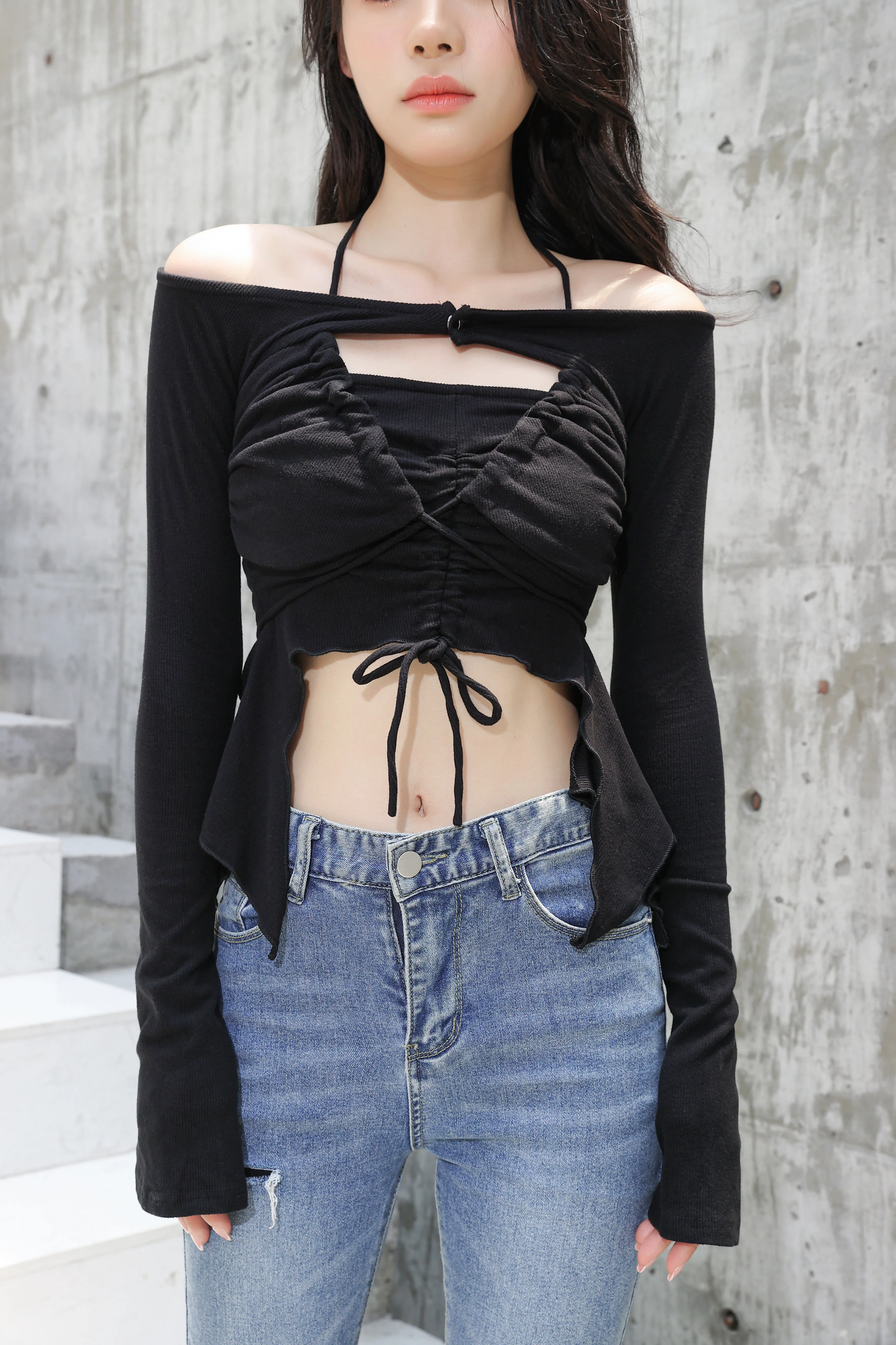 Off Shoulder Shrug Warmer and Ruched Halter Layered Crop Top