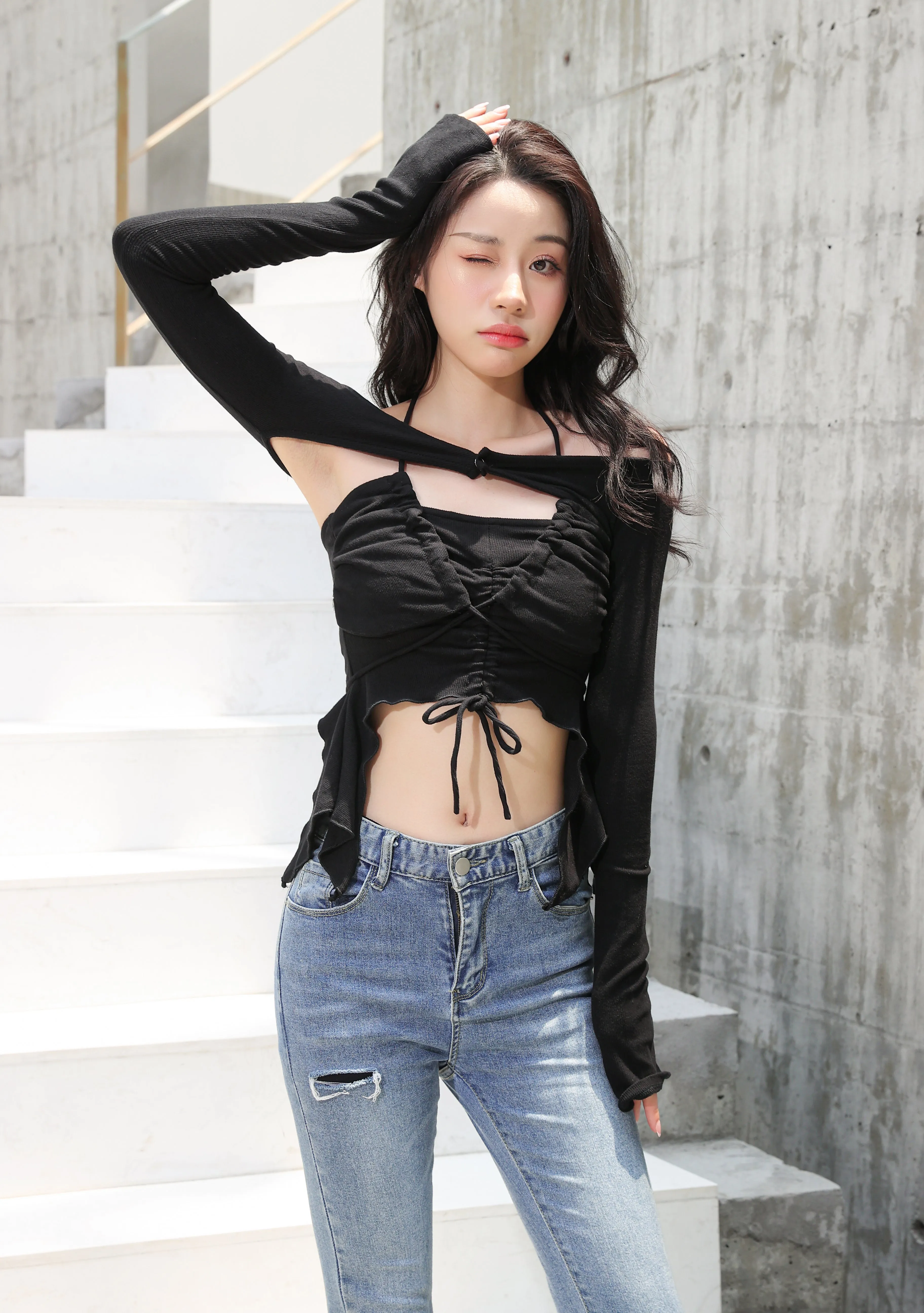 Off Shoulder Shrug Warmer and Ruched Halter Layered Crop Top