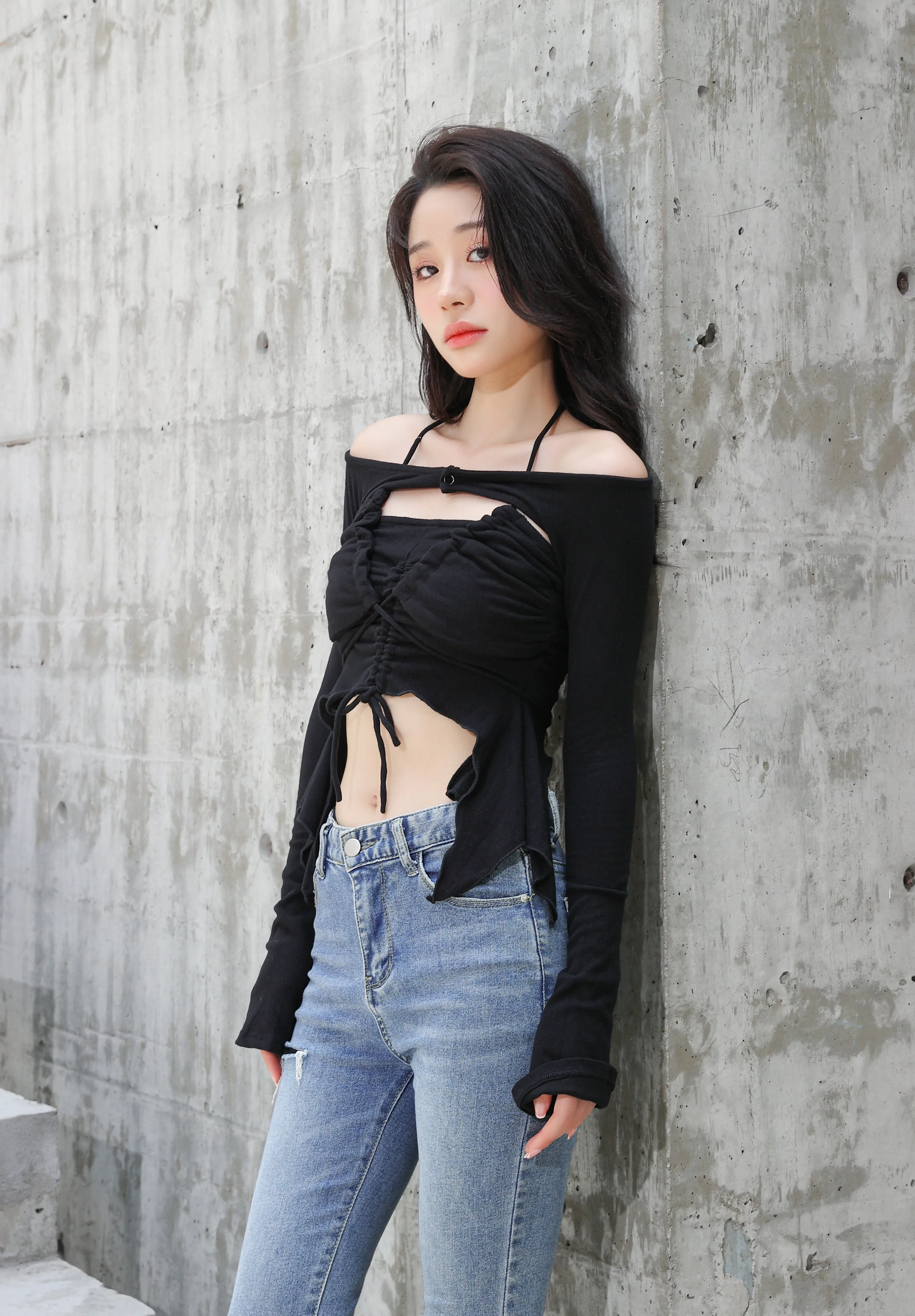 Off Shoulder Shrug Warmer and Ruched Halter Layered Crop Top