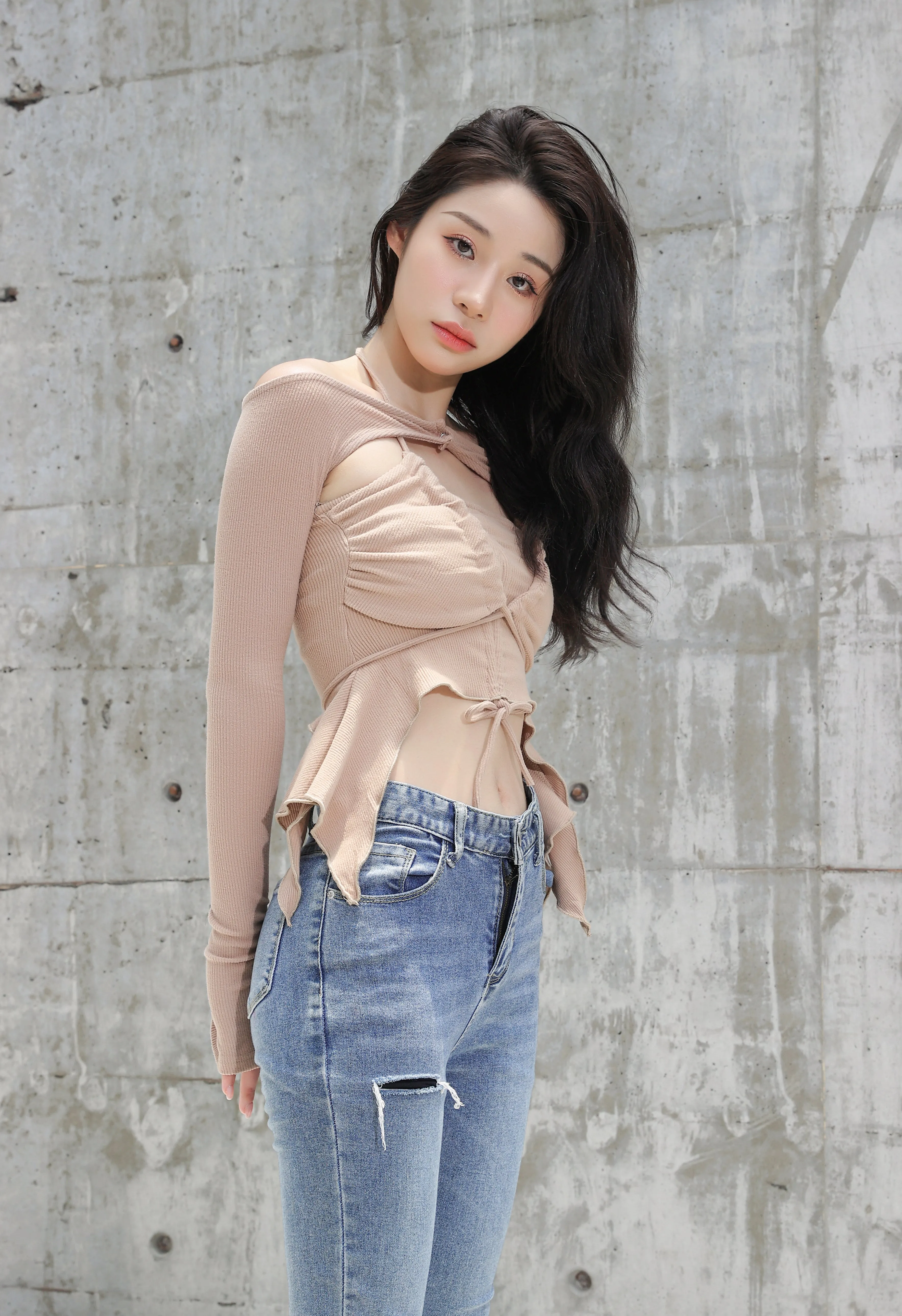 Off Shoulder Shrug Warmer and Ruched Halter Layered Crop Top