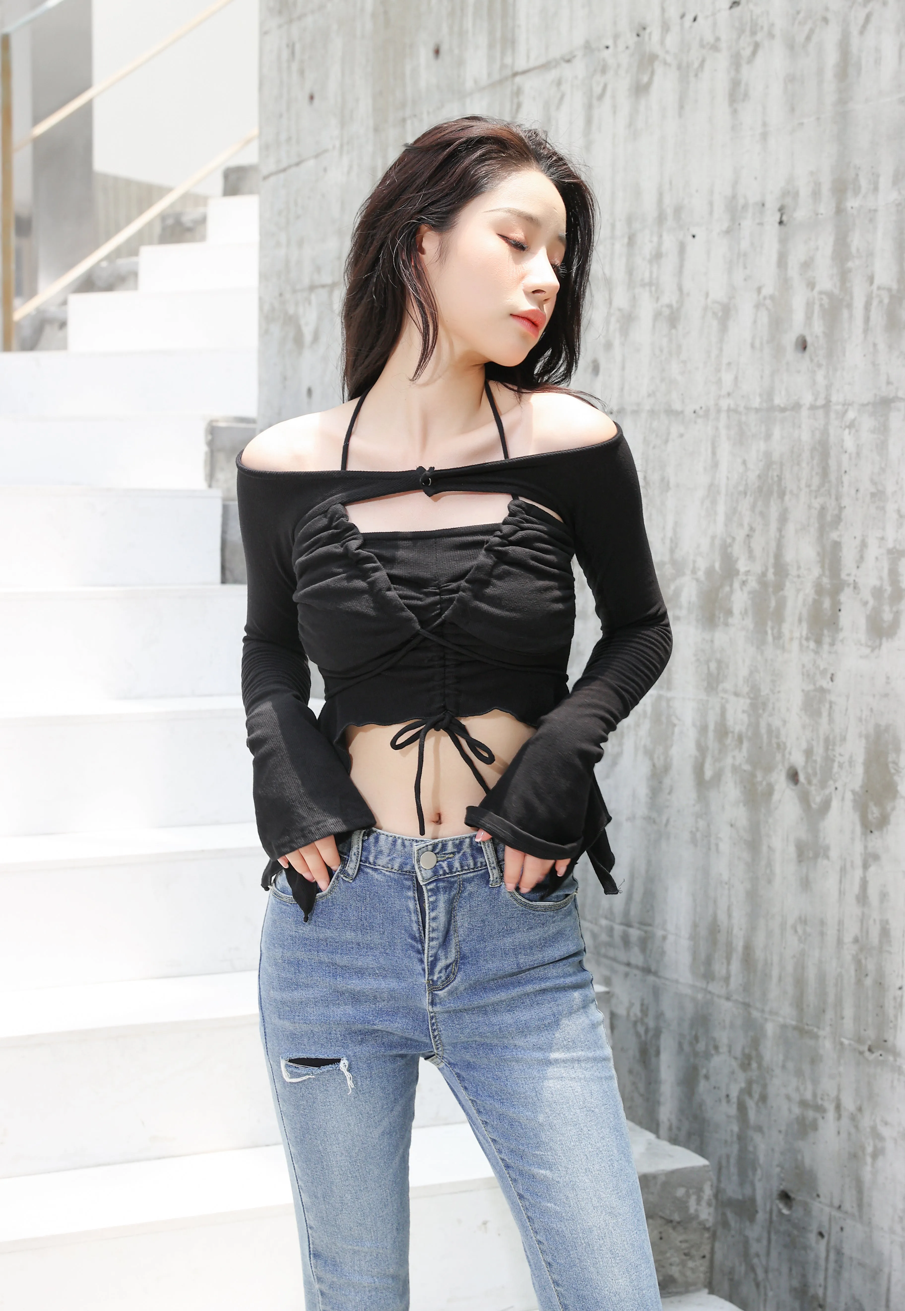 Off Shoulder Shrug Warmer and Ruched Halter Layered Crop Top