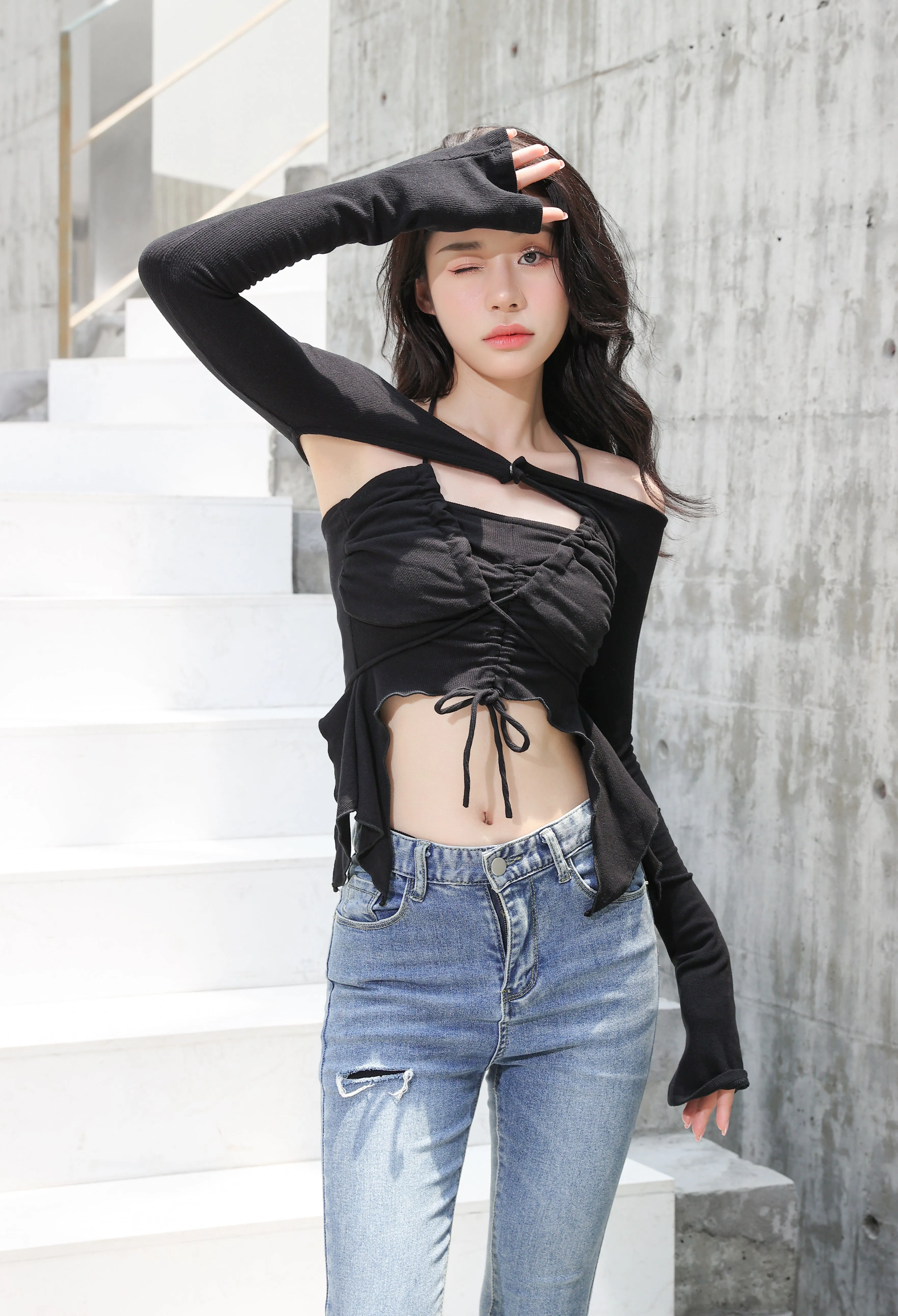 Off Shoulder Shrug Warmer and Ruched Halter Layered Crop Top