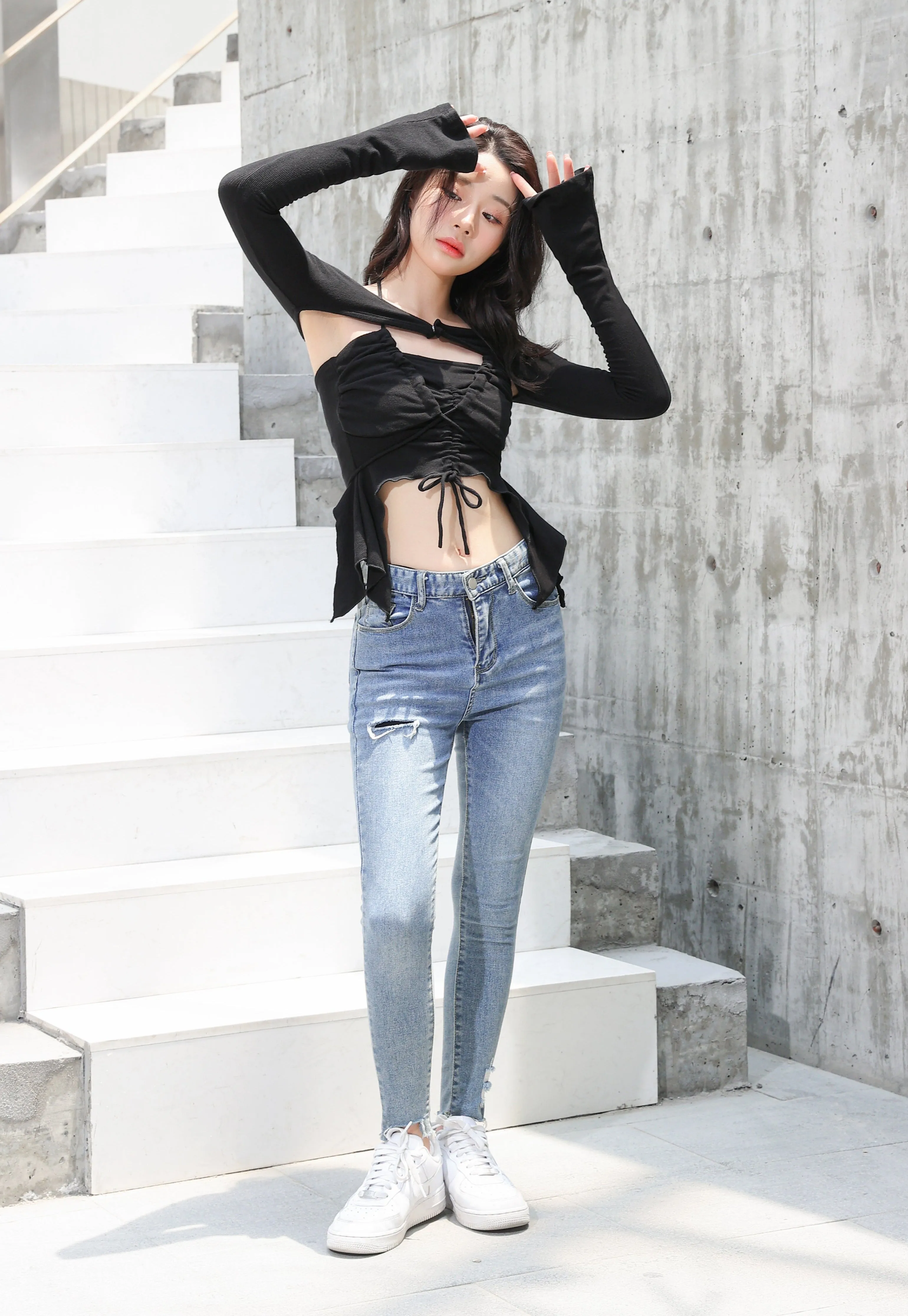 Off Shoulder Shrug Warmer and Ruched Halter Layered Crop Top