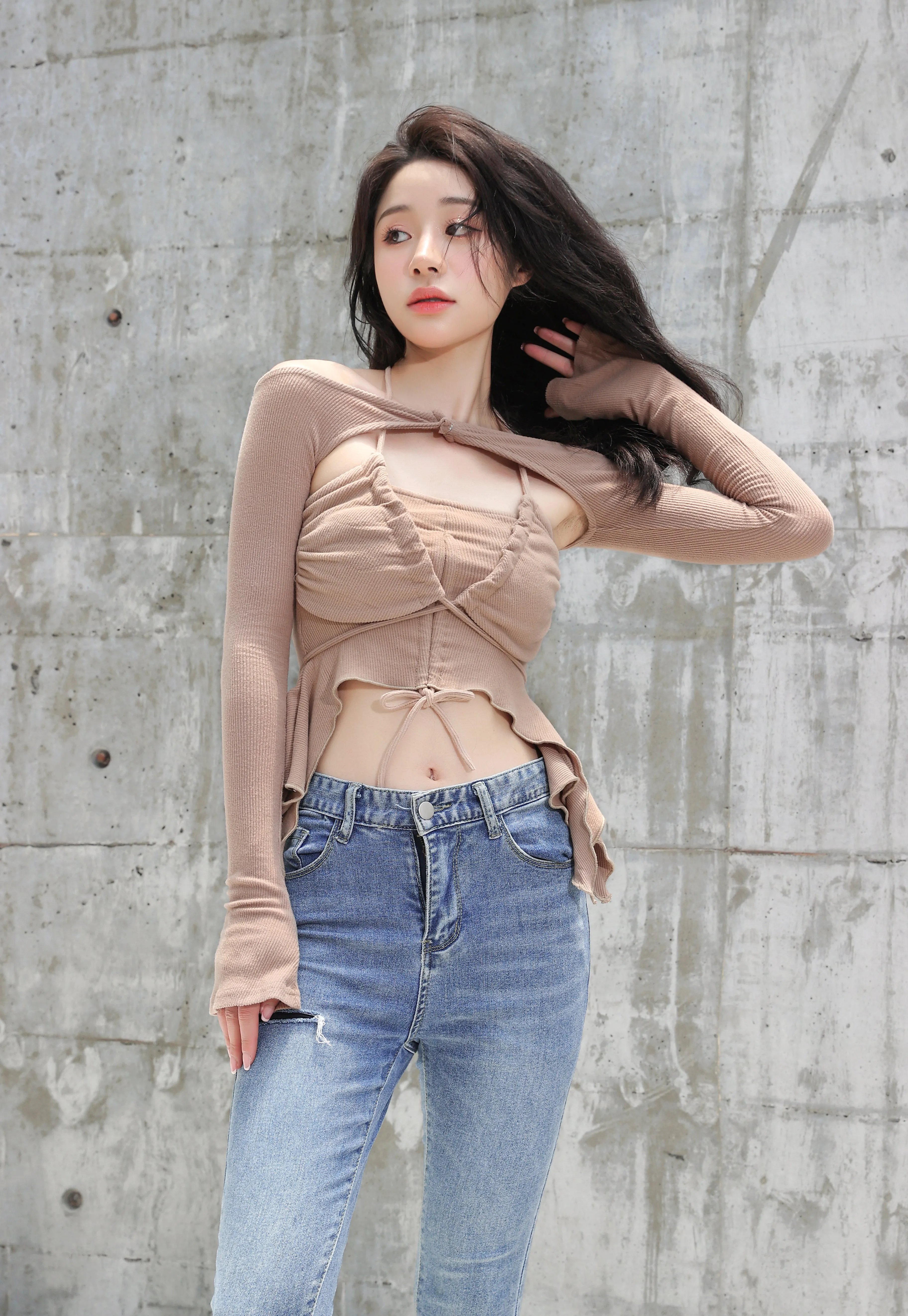 Off Shoulder Shrug Warmer and Ruched Halter Layered Crop Top