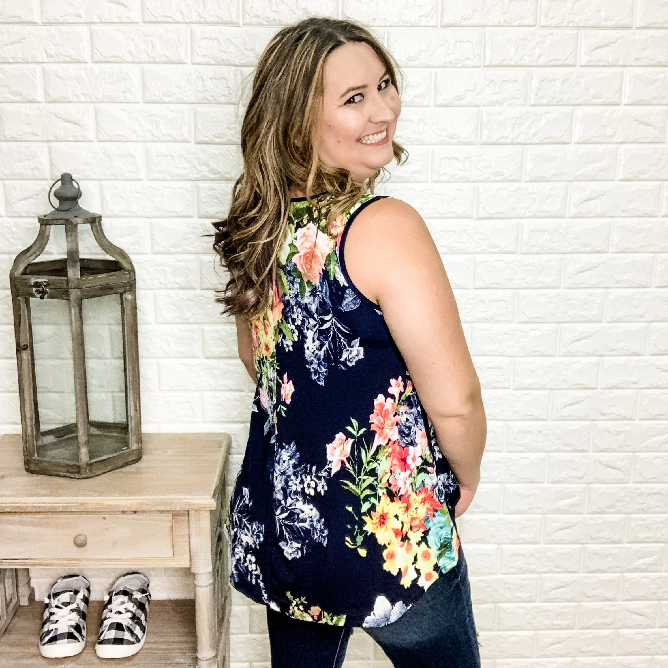 "June Bloom" Floral Tank Top (Navy)
