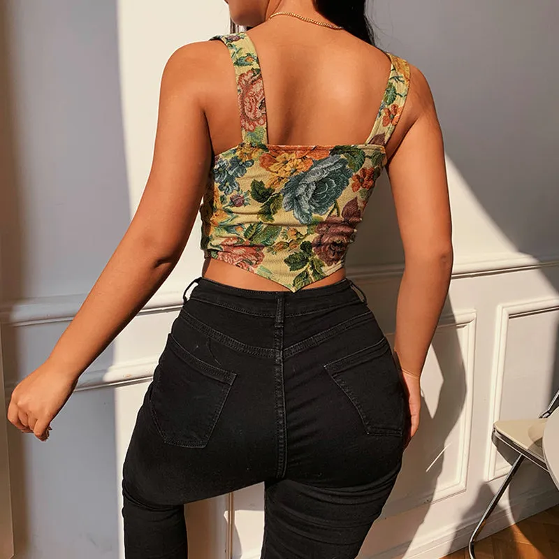 Vintage Printed Tie-up V Back Top