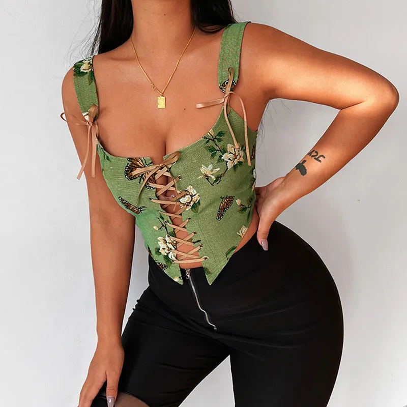 Vintage Printed Tie-up V Back Top