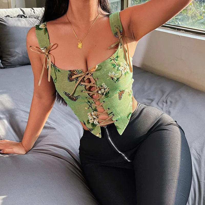 Vintage Printed Tie-up V Back Top