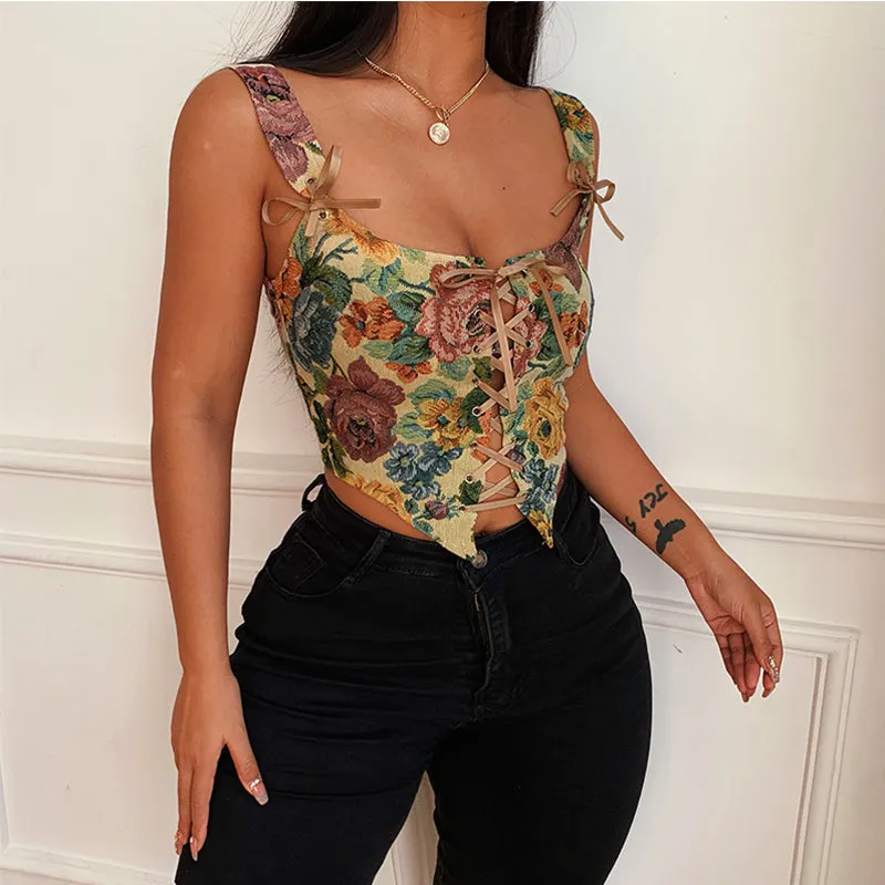 Vintage Printed Tie-up V Back Top