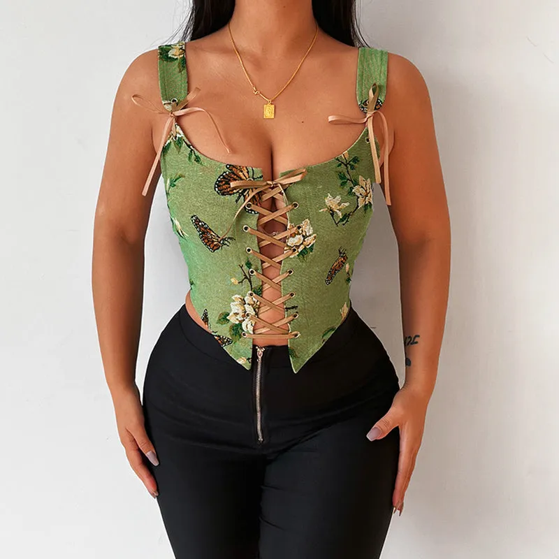 Vintage Printed Tie-up V Back Top