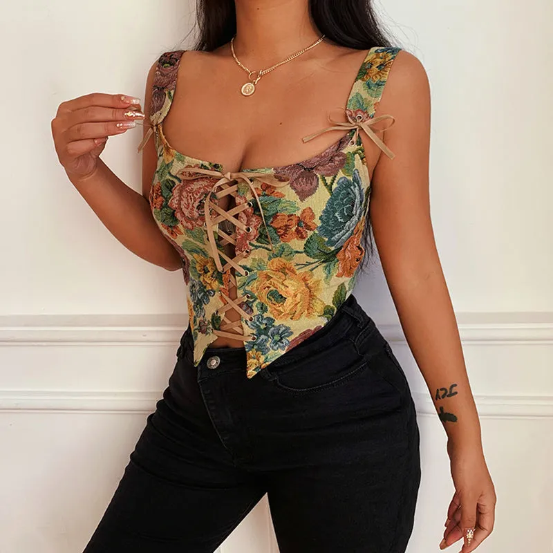 Vintage Printed Tie-up V Back Top